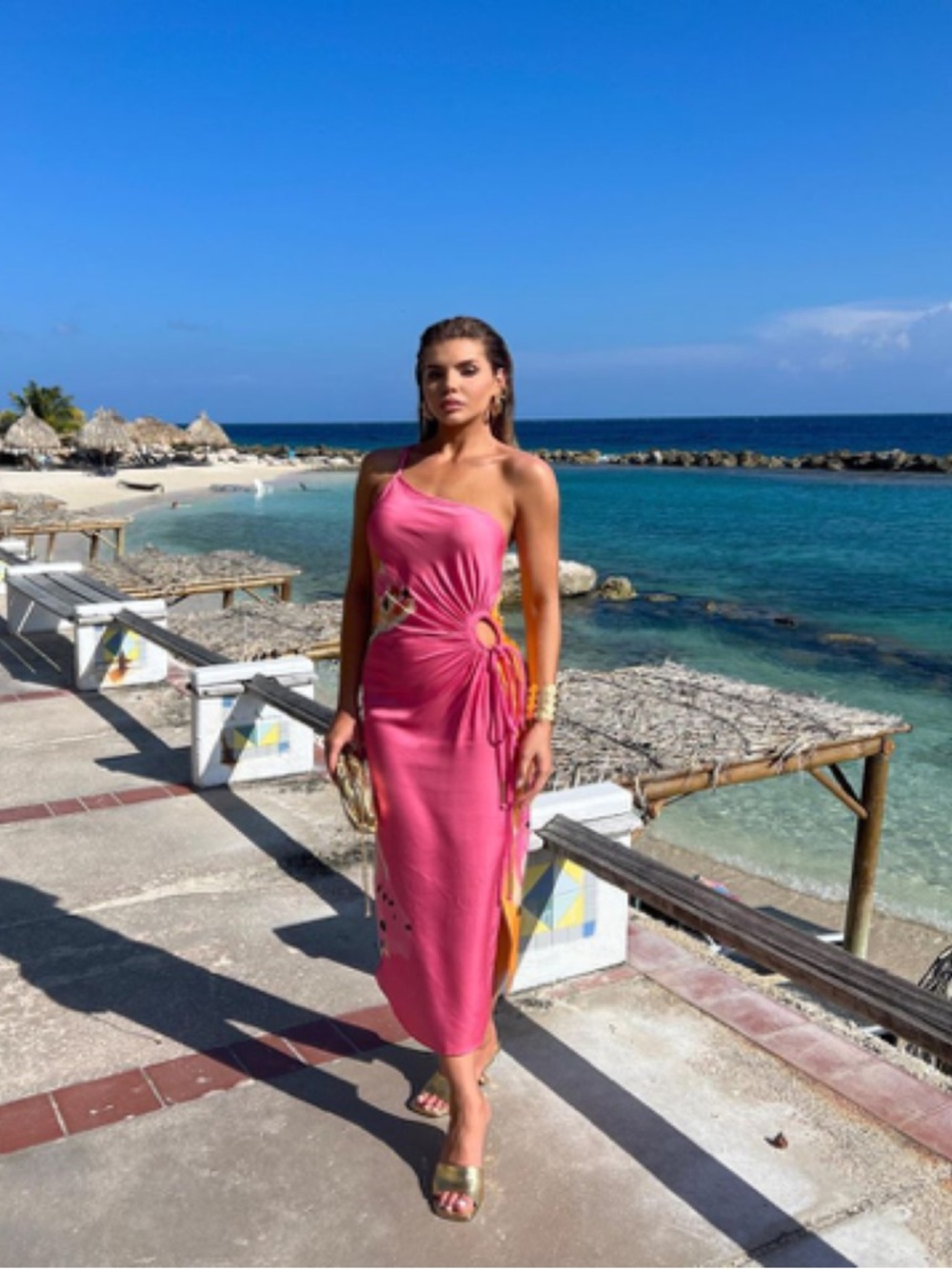 One-Shoulder Pink Cutout Midi Dress with Side Tie